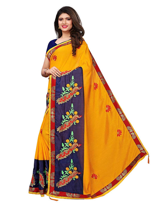 Yellow, Navy Blue Color Poly Silk Saree