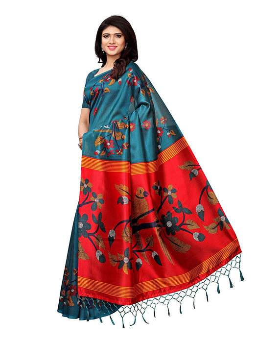 Turquoise, Multi Color Poly Silk Saree