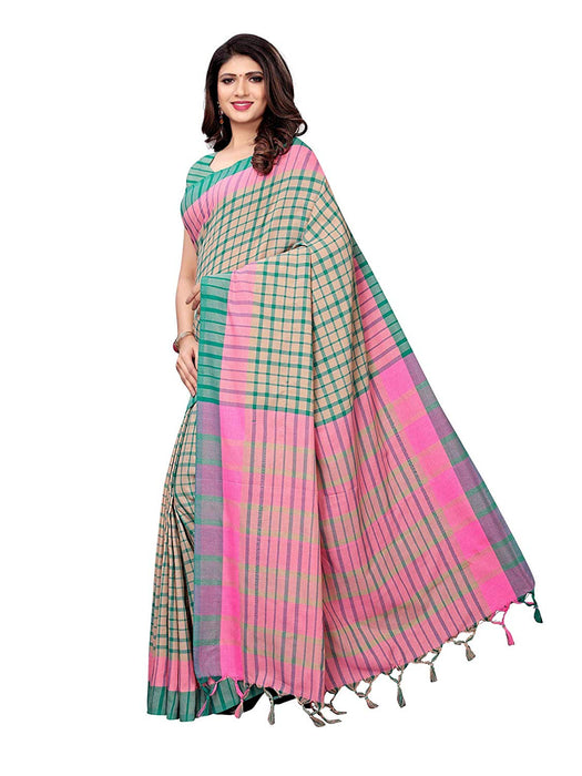 Beige, Pink, Turquoise Color Cotton Silk Saree only in Bigswipe