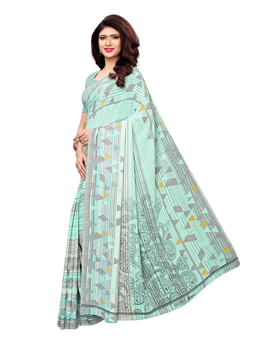 Turquoise, Off White Color Crepe Saree