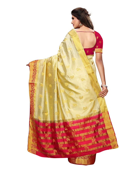 Cream, Magenta Color Poly Silk Saree only in Bigswipe