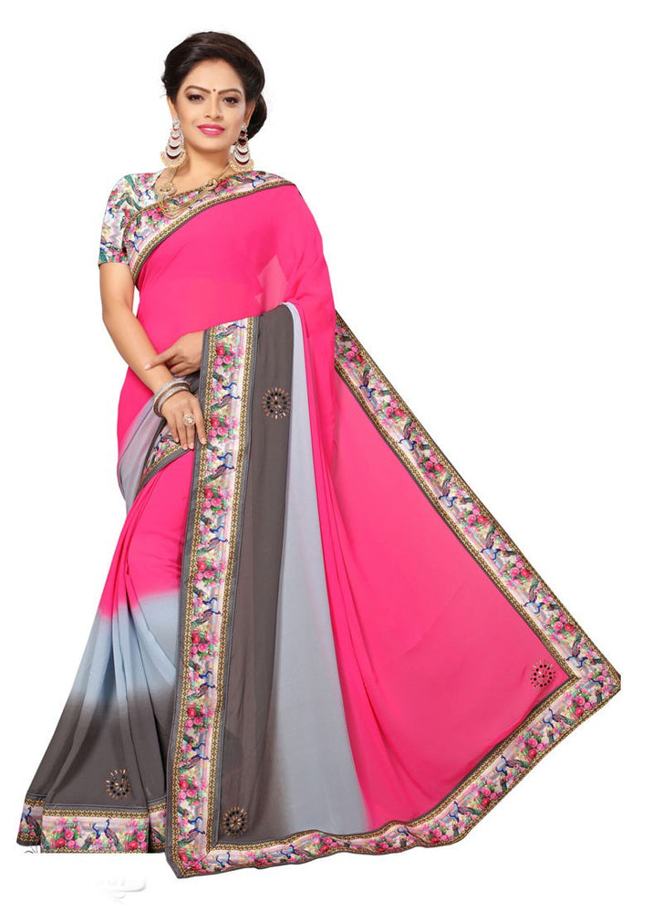 Pink, Grey Color Georgette Saree only in Bigswipe