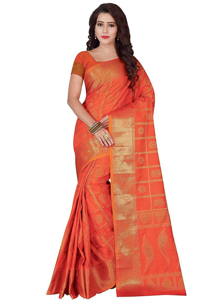 Orange, Golden Color Poly Silk Saree only in Bigswipe