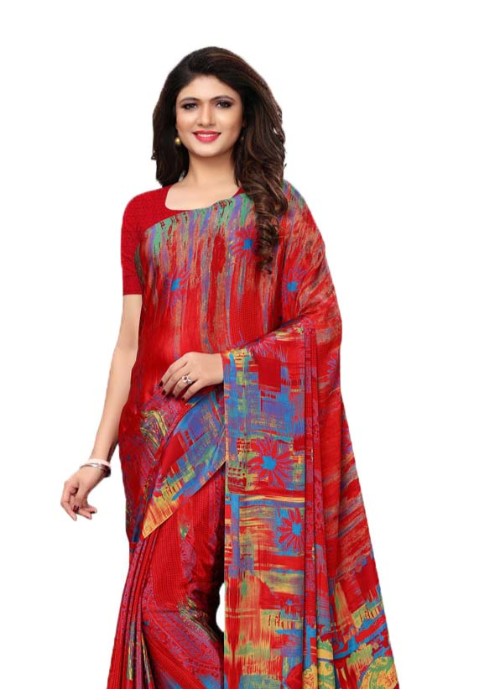 Red, Multi Color Crepe Printed Work Saree