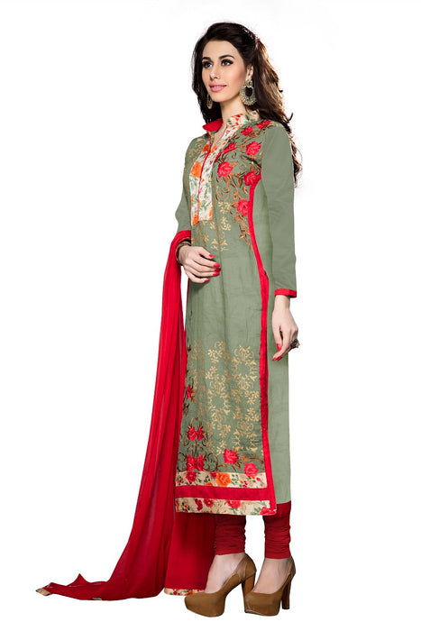 Mehendi Green Cotton Embroidered Straight Suit Material only in Bigswipe