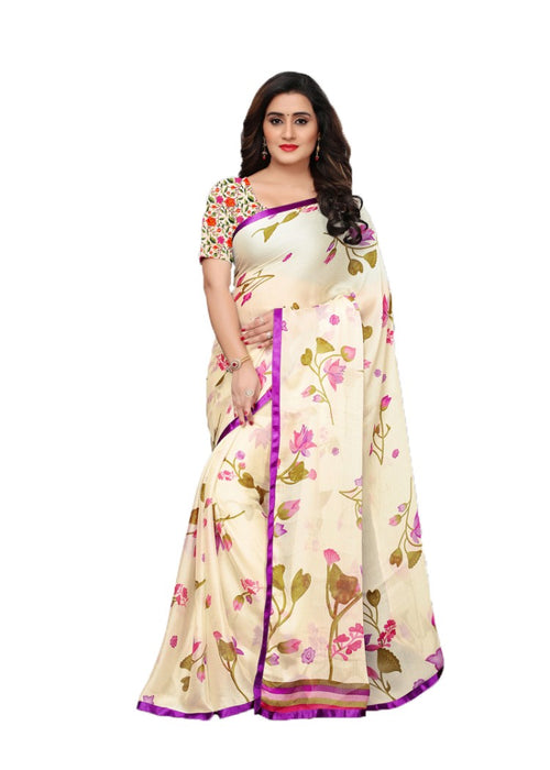 Off White, Purple Color Chiffon Printed Work Saree only in Bigswipe