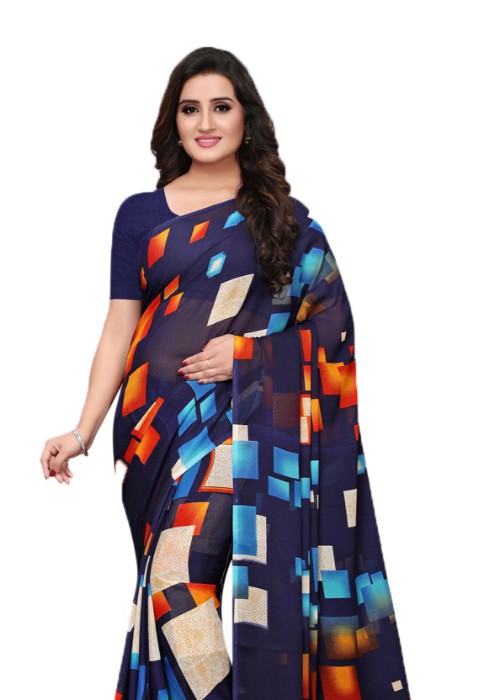 Navy Blue, Multi Color Georgette Printed Work Saree only in Bigswipe