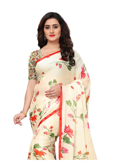 Off White, Red Color Chiffon Printed Work Saree only in Bigswipe