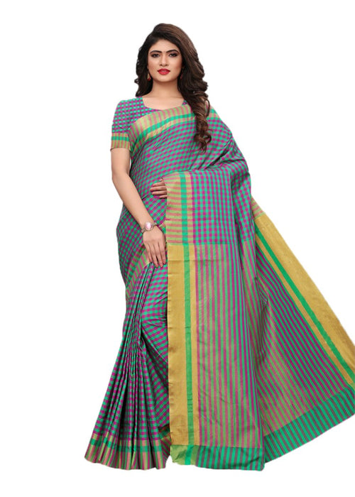 Pink, Turquoise Color Poly Silk Woven Checks Work Saree only in Bigswipe