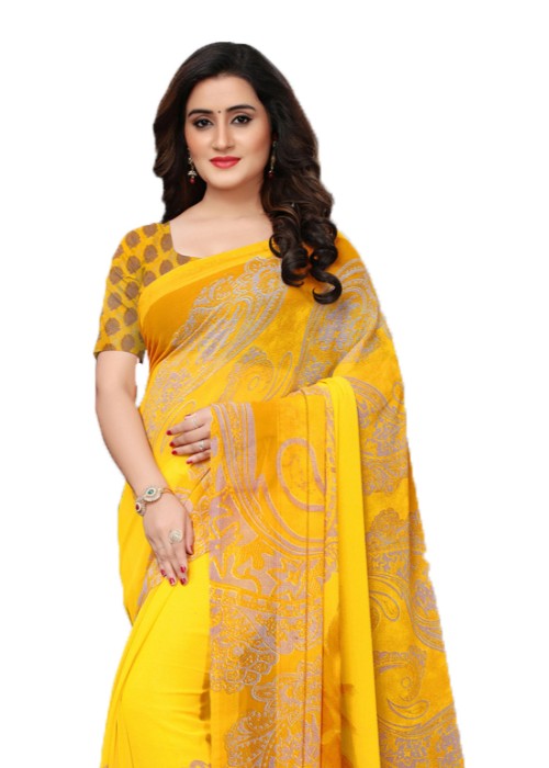 Yellow, Multi Color Georgette Printed Work Saree