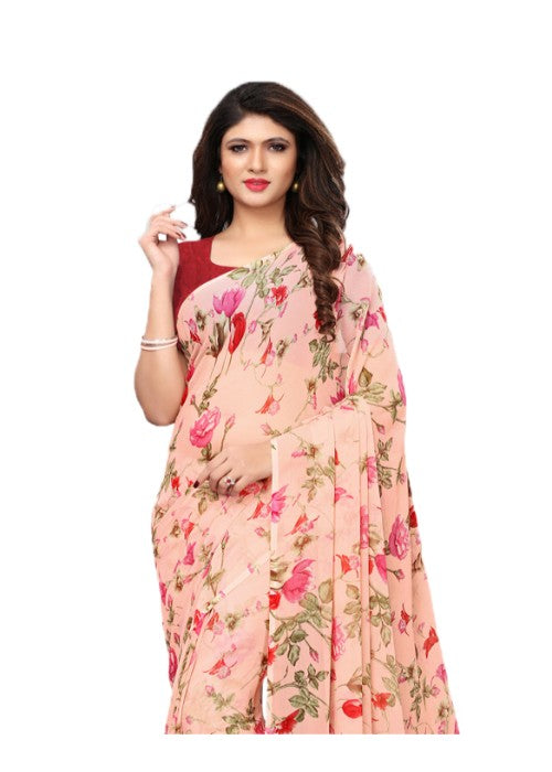 Pink, Multi Color Chiffon Printed Work Saree only in Bigswipe