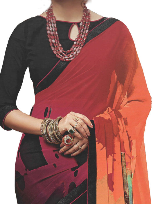 Georgette Digital Saree With Blouse-Black with Multi Color Saree only in Bigswipe