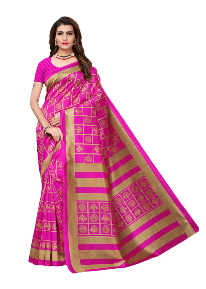 Pink, Beige Color Poly Silk Printed Work Saree only in Bigswipe