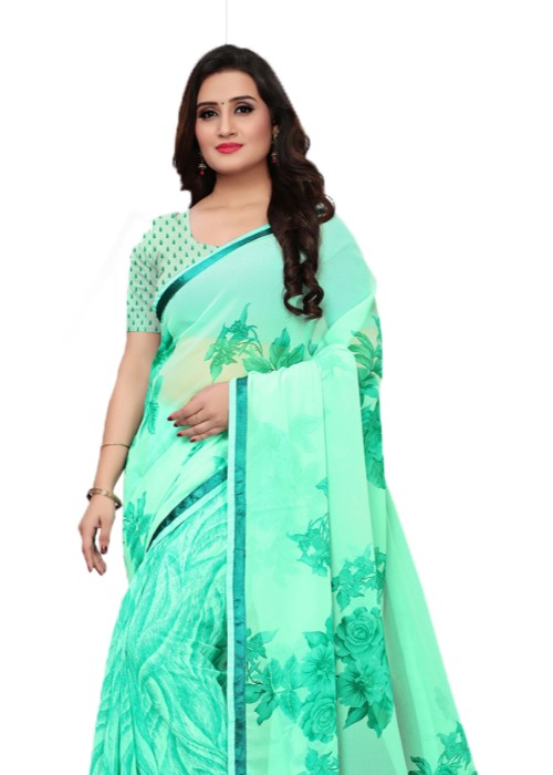 Green Color Georgette Printed Work Saree only in Bigswipe