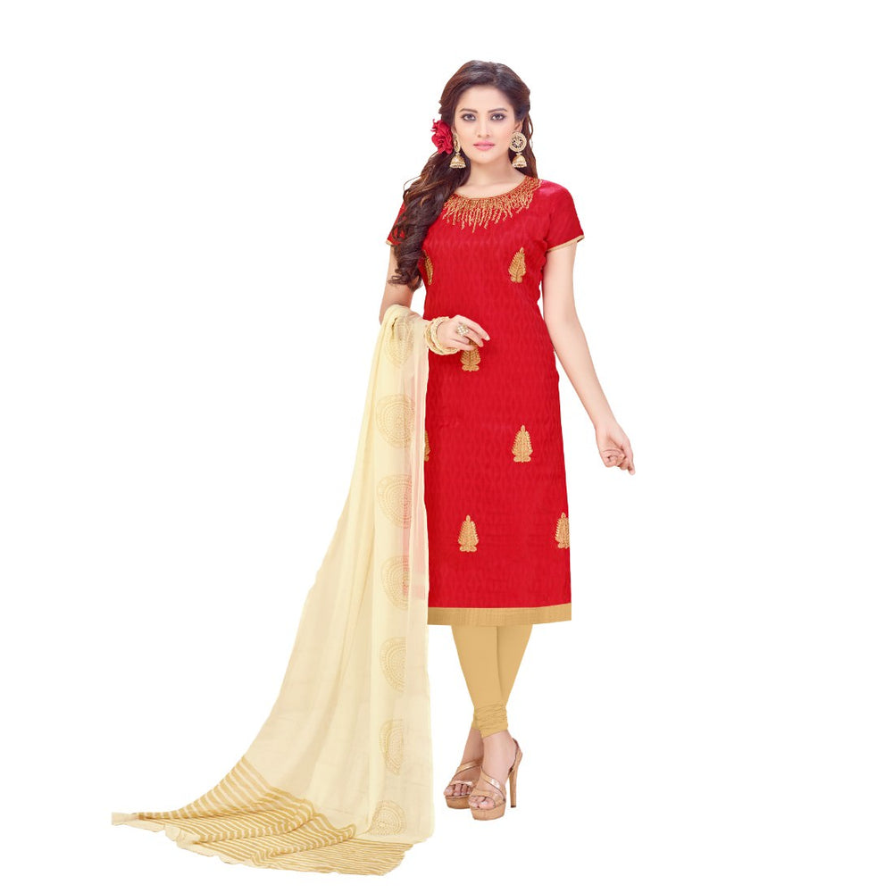 Cotton Jacquard Fabric Red Color Dress Material only in Bigswipe