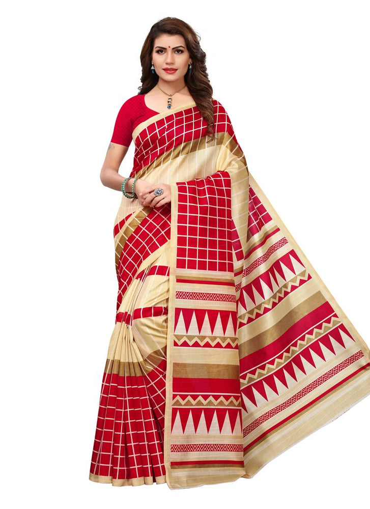 Beige, Red Color  Bhagalpuri Silk (Art Silk) Saree only in Bigswipe