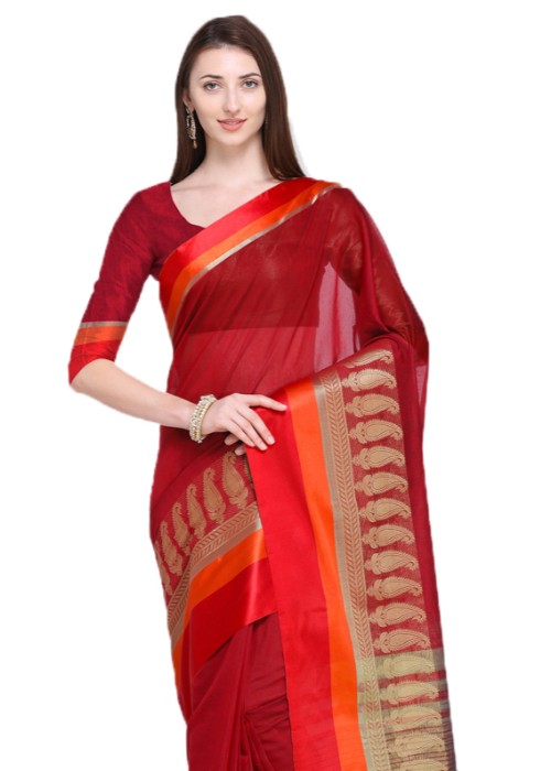 Red Color Cotton Silk Plain Work Saree