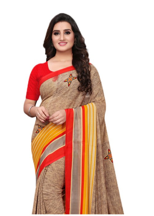 Brown, Multi Color Georgette Printed Work Saree only in Bigswipe