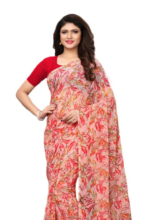 Pink (Reddish Pink), Multi Color Chiffon Printed Work Saree only in Bigswipe