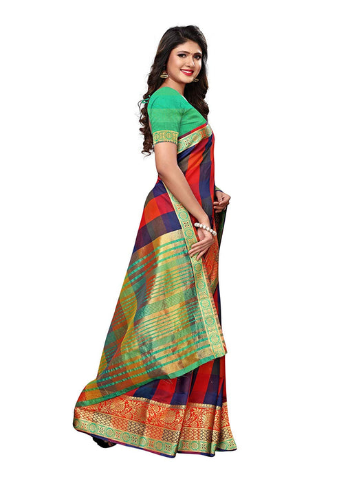 Red, Navy Blue Color Cotton Silk Saree