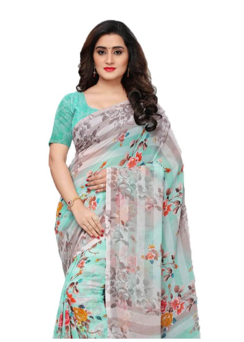 Turquoise, Grey, Multi Color Georgette Printed Work Saree