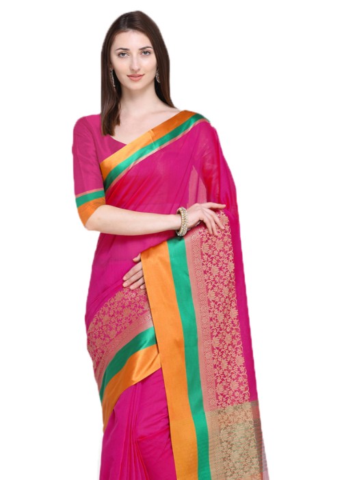 Pink Color Cotton Silk Plain Work Saree only in Bigswipe