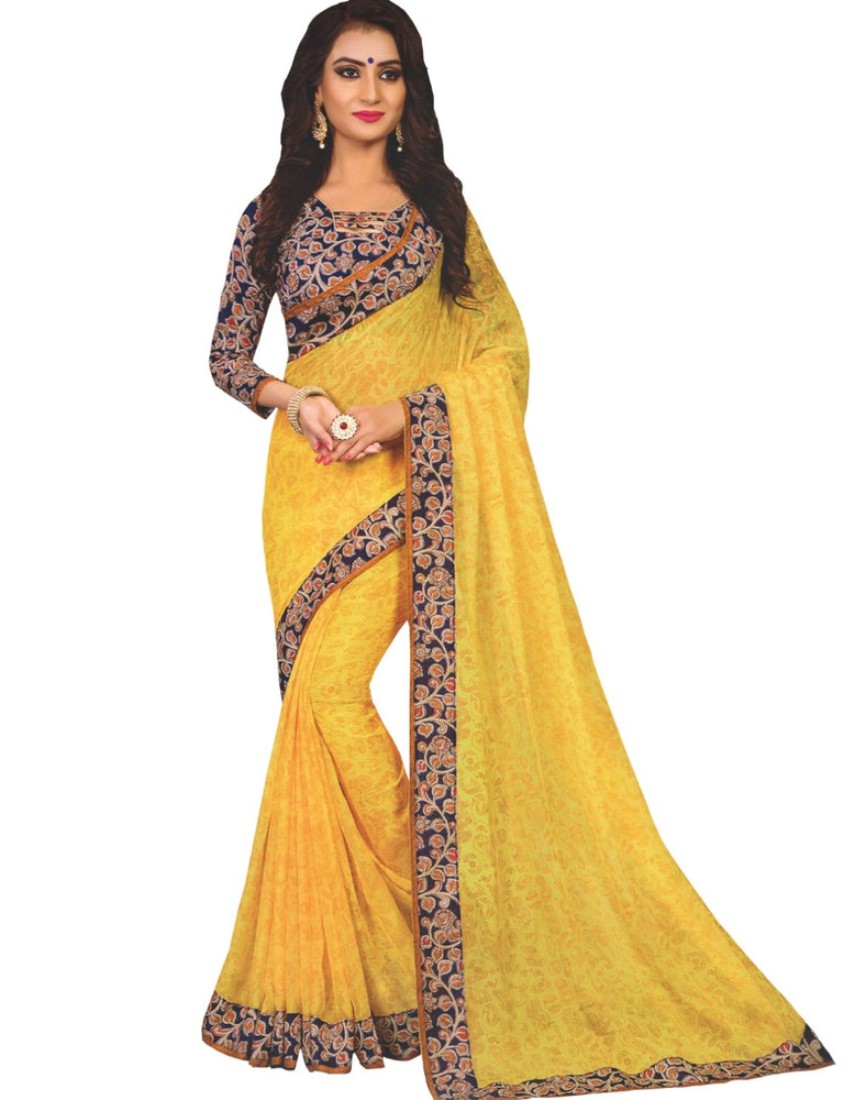 Designer Printed Saree With Blouse Yellow Color only in Bigswipe