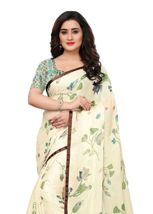 Off White, Brown Color Chiffon Printed Work Saree only in Bigswipe