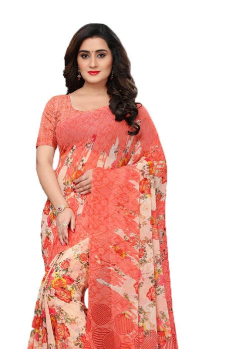 Red (Reddish Pink), Multi Color Georgette Printed Work Saree