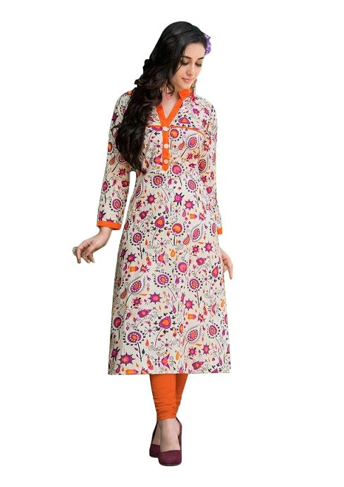 Orange Cotton Printed Chinese Collar Long Kurti only in Bigswipe