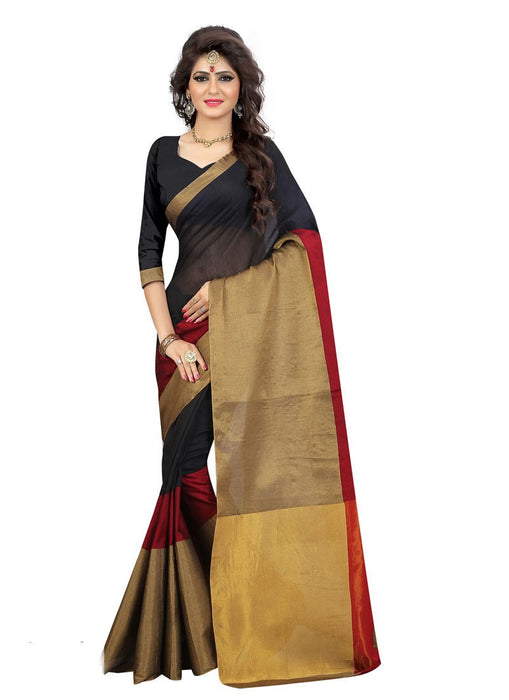 Black, Maroon, Golden Color Chanderi Silk Saree only in Bigswipe