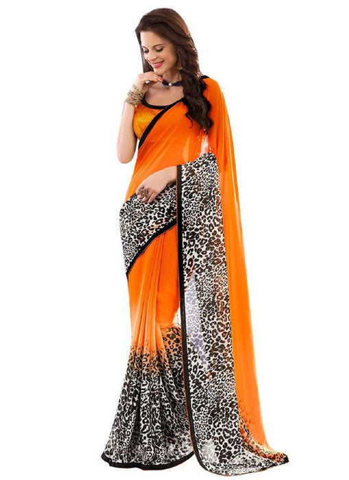 Orange,White Color Georgette Saree only in Bigswipe