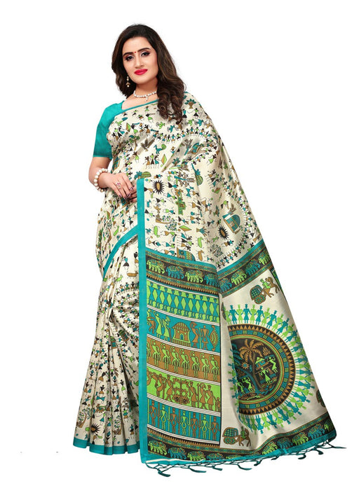 Off White, Turquoise Color  Poly Silk Saree only in Bigswipe