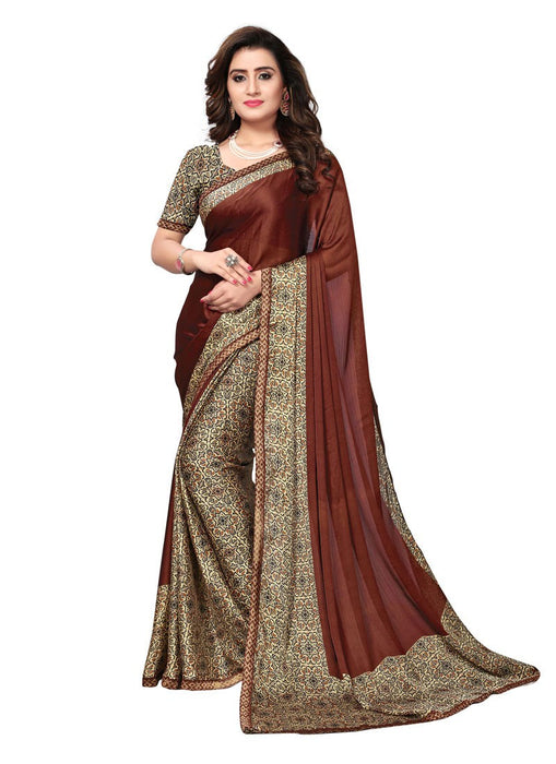 Dark Brown, Beige, Brown Color  Satin Saree only in Bigswipe