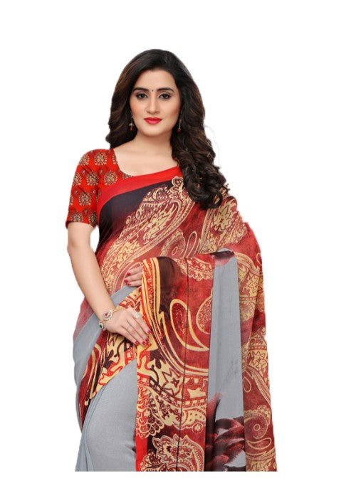 Grey, Red, Multi Color Georgette Printed Work Saree only in Bigswipe