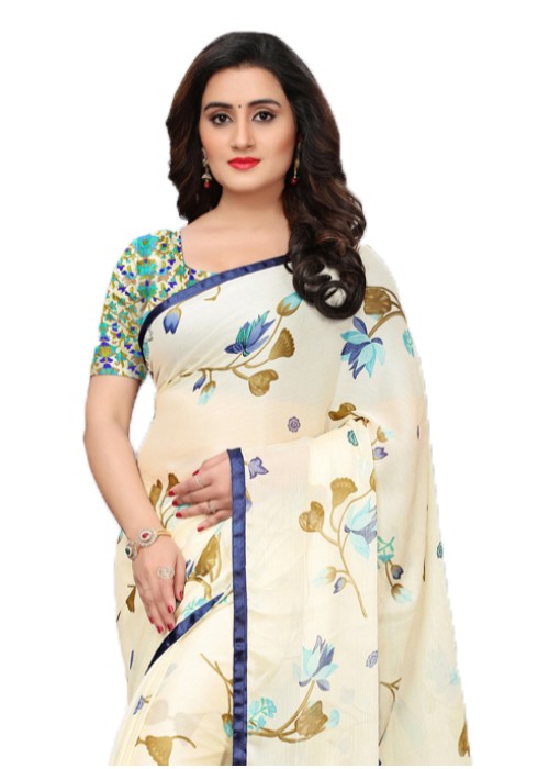 Off White, Navy Blue Color Chiffon Printed Work Saree only in Bigswipe