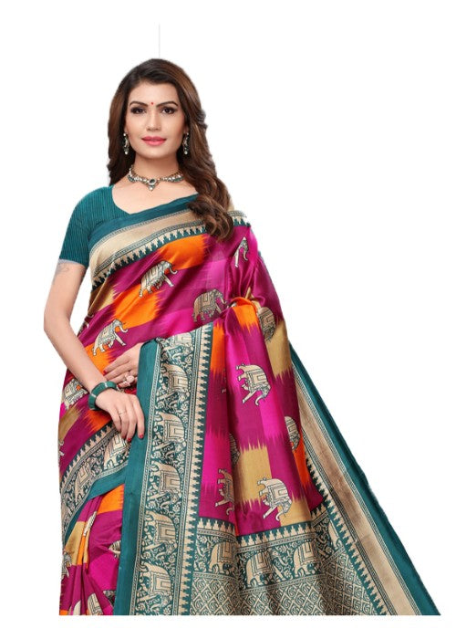 Turquoise, Pink, Multi Color Poly Silk Printed Work Saree