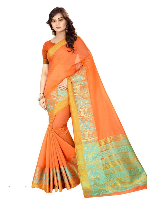 Orange, Blue Color Cotton Silk Saree only in Bigswipe