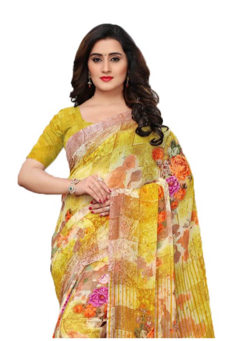 Yellow, Multi Color Georgette Printed Work Saree