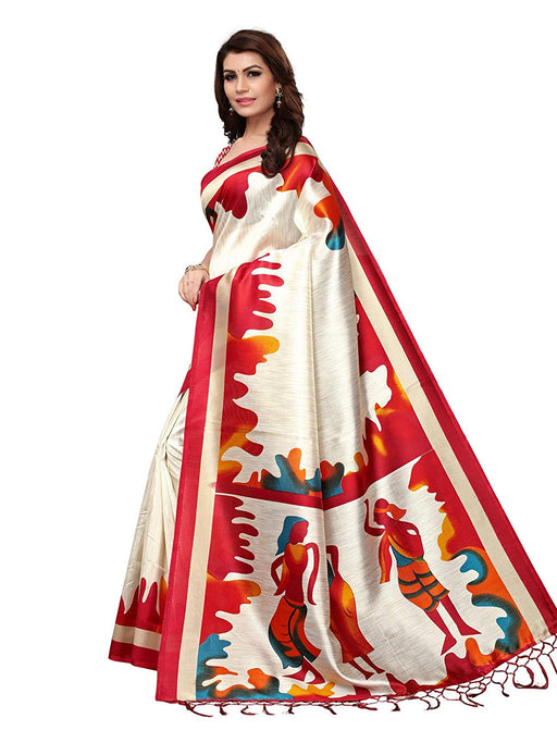 Off White, Red Color Poly Silk Saree only in Bigswipe