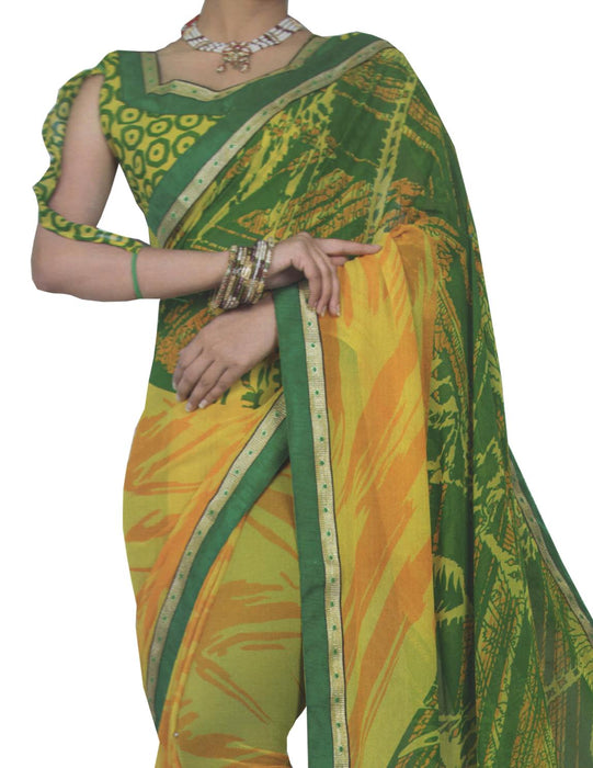 Chiffon Digital Color Printed Saree-Yellow,Green only in Bigswipe