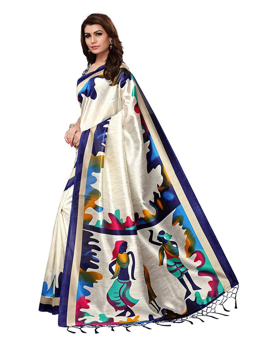 Off White, Navy Blue Color Poly Silk Saree only in Bigswipe