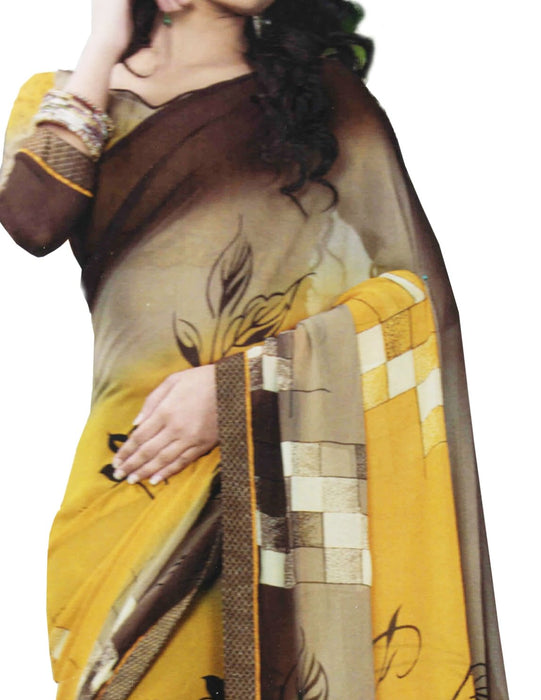 Chiffon Digital Color Printed Saree-Yellow,Brown only in Bigswipe