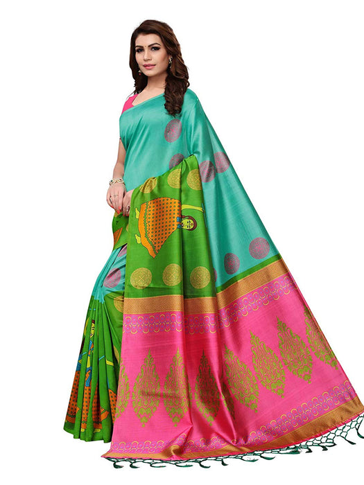 Turquoise, Green, Multi Color Poly Silk Saree