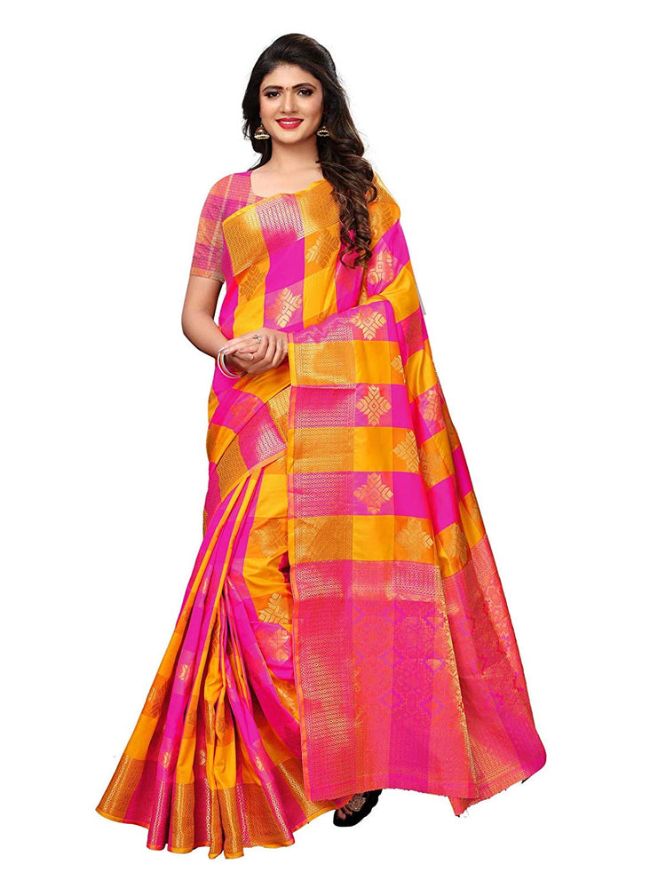 Pink, Yellow Color Poly Silk Saree only in Bigswipe