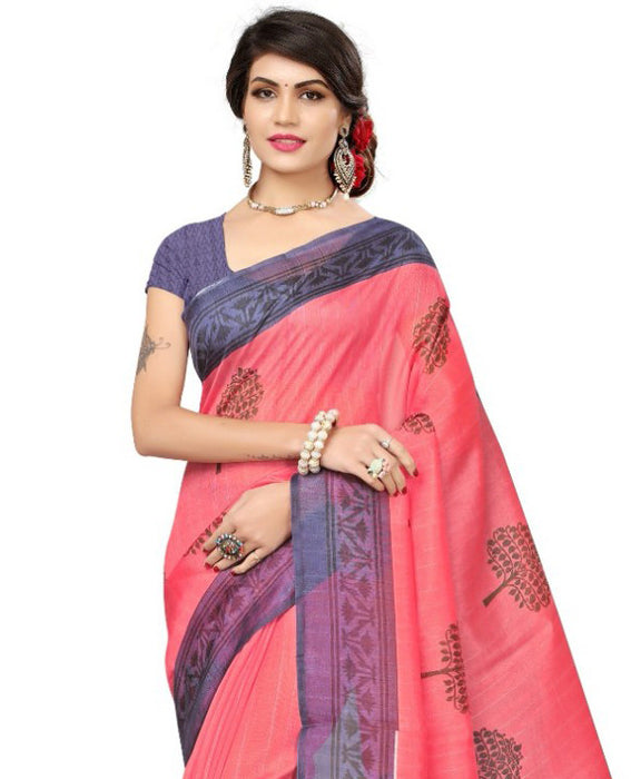 Printed Bhagalpuri Art Silk Pink with Blue color Saree only in Bigswipe