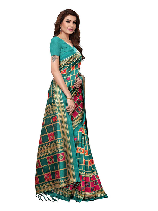 Turquoise, Multi Color Poly Silk Saree