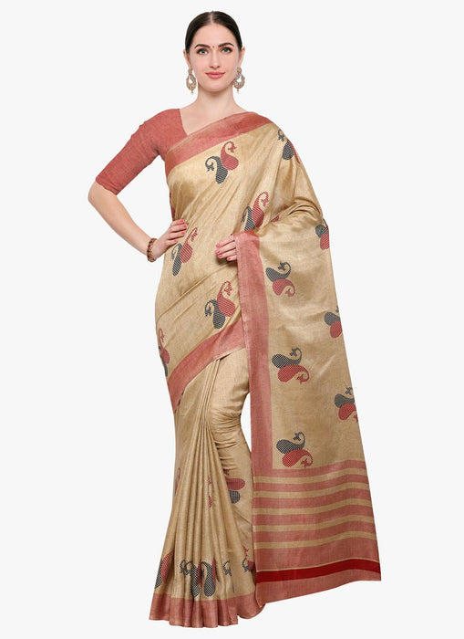 Beige, Red Color Terylene Saree only in Bigswipe