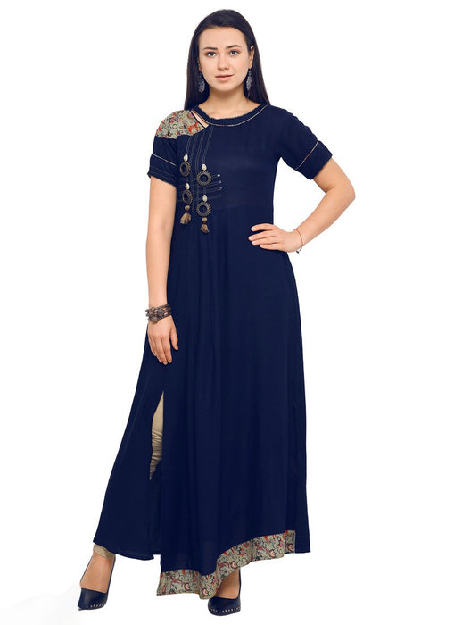 Navy Blue Color Plain, Buttons Rayon Kurti only in Bigswipe