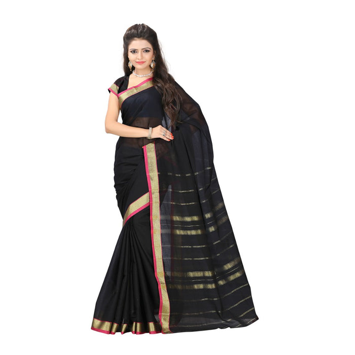 Cotton Fabric Black Color Saree with Blouse only in Bigswipe